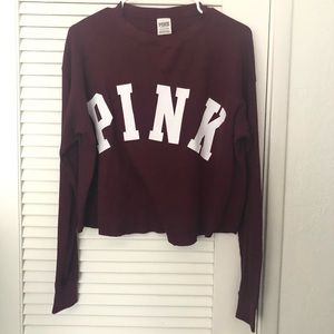 PINK burgundy long sleeve waffle crop top